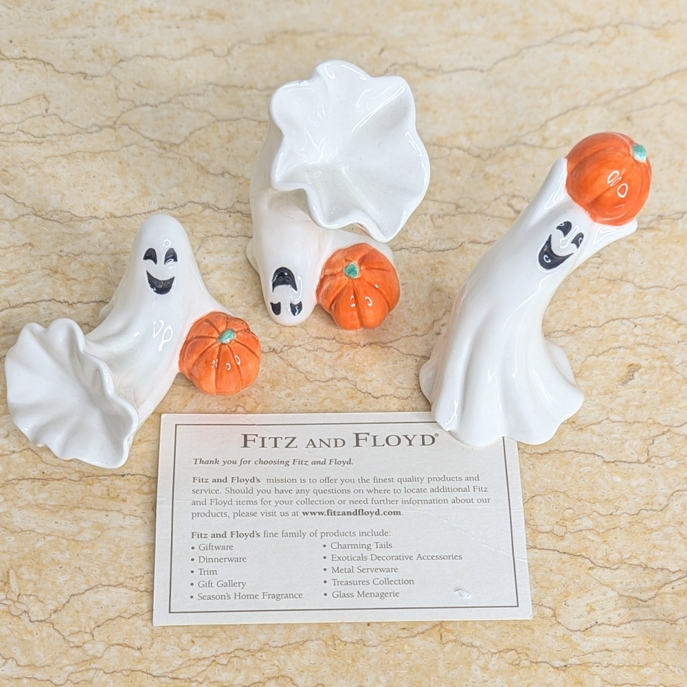 Vintage Fitz & Floyd Halloween Ceramic Tumbling Friendly Ghosts Pumpkin Figurine - Picture 8 of 9